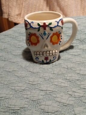 White Ceramic Sugar Skull Mug with Orange Floral Accents